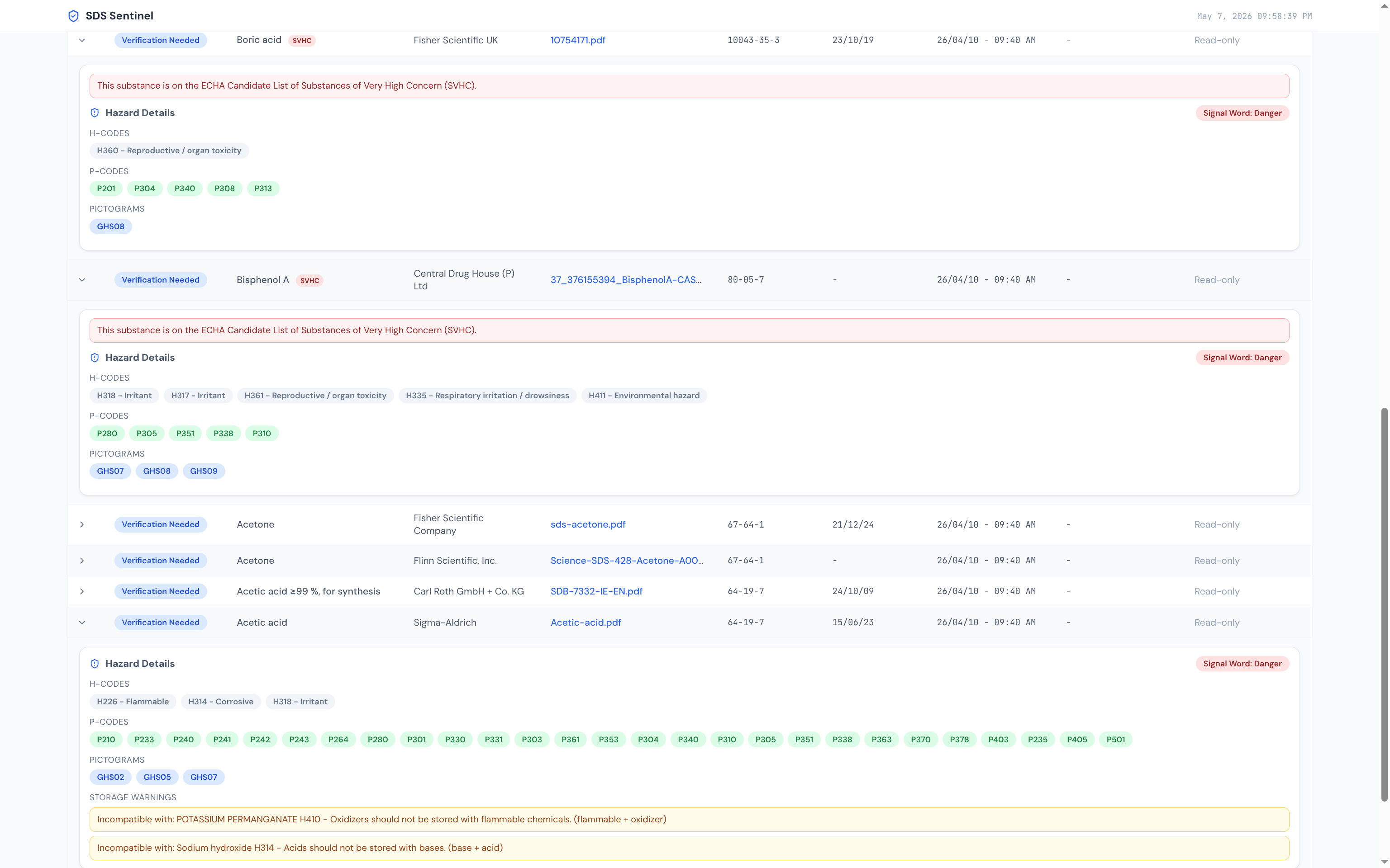 SDS Sentinel inventory view: rows for Boric acid, Bisphenol A, Acetone and Acetic acid with parsed H- and P-codes, GHS pictogram chips, an ECHA SVHC candidate-list banner, and storage-incompatibility warnings.